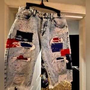 Stylish Distressed Blue and Red Men's Jean shorts